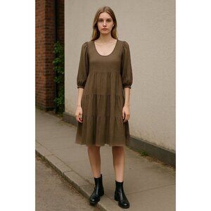 Max Studio Brown Tiered Babydoll Dress XS Puff Sleeve Boho Style NWT